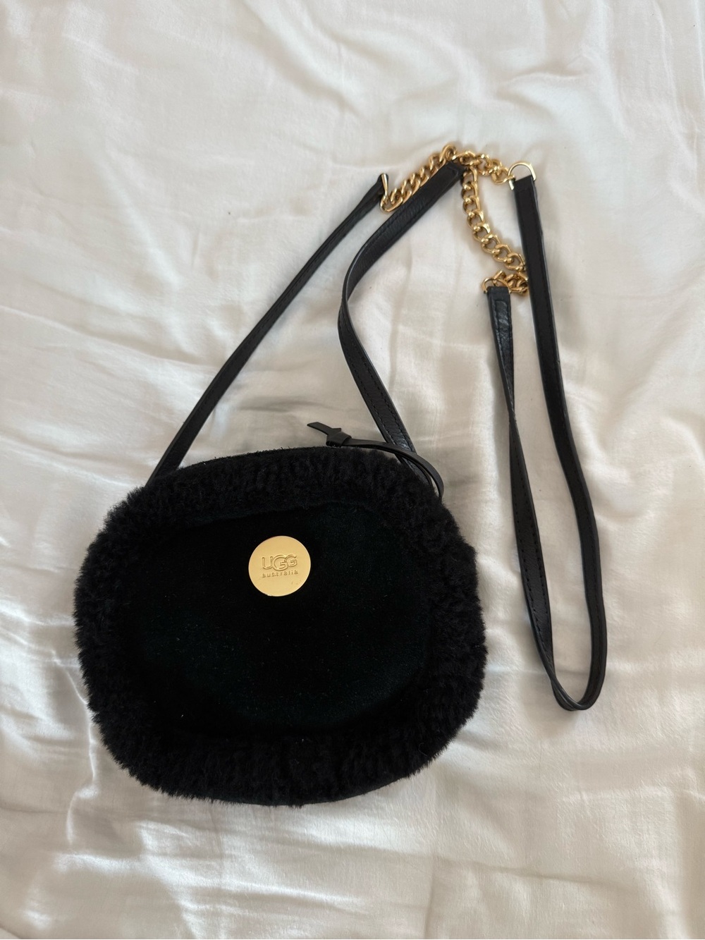 UGG Black Shearling Crossbody with Gold Chain Detail